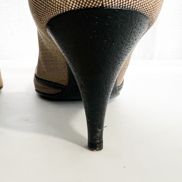 Vintage Prada Brown Buckle Canvas Leather Peep Toe Kitten Heels - Picture 8 of 12